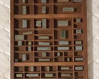 ANTIQUE PRINTERS TRAY WITH STAMPS
