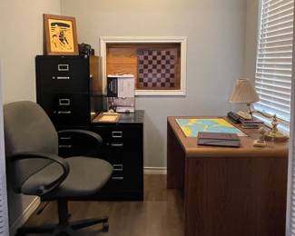DESK, OFFICE CHAIR, FILE CABINETS