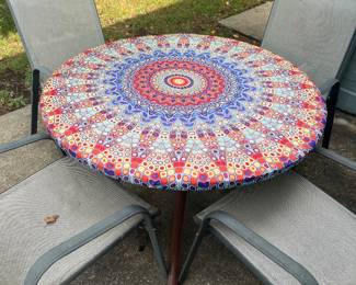 Outdoor patio set table, umbrella chairs