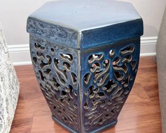 Blue Glazed Ceramic Garden Stool with Floral Lattice