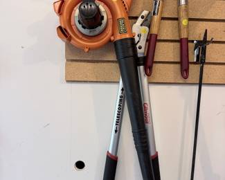 Black+Decker 20V Lithium-Ion Leaf Blower with Gilmour Telescoping Loppers and Fiskars Hedge Shears