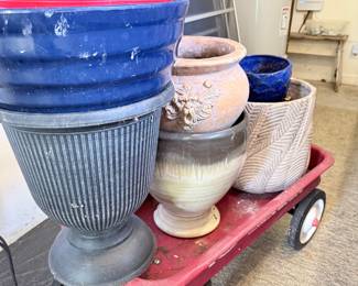 Assorted Planters on Vintage Red Wagon
