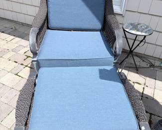 Wicker Lounge Chair with Ottoman and Blue Cushions