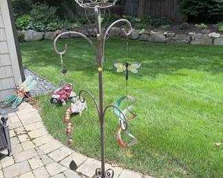 Ornate Wrought Iron Garden Plant Stand with Hanging Ornaments