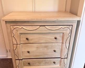 Distressed Wood Three-Drawer Chest with Nailhead Trim