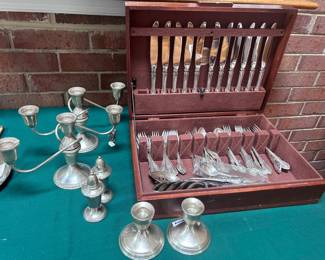 Sterling silver flatware set and table setting. Towle brand, Legato silverware. Includes 11 full table settings (dinner fork, dessert fork, teaspoon and knife) as well as a serving spoon, cake server and 5 additional teaspoons.