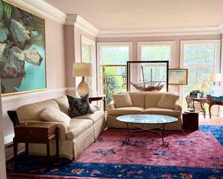 MAtching Baker Furniture Co Loveseats, Antique Asian Rug, Model Ship from Kuwait