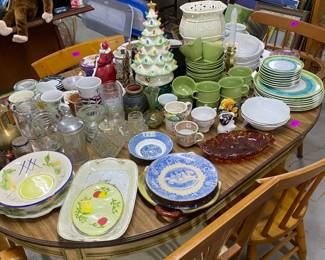 Dining table, various chairs, dishware