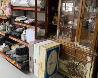 China cabinet project piece, vintage wedding dresses in boxes, kitchen tools and more