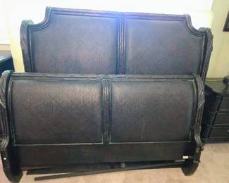 Queen size sleigh bed American Signature Furniture solid wood rattan pattern carved bamboo pattern