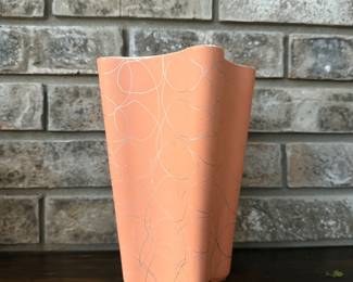 MCM Shawnee USA 1017 Peach/Pink with Silver Swirls  Star Shape Vase with White interior