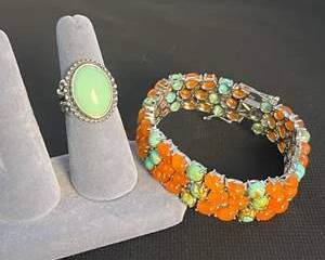 Sterling Silver 925 Vintage Green Colored Stone Ring and Orange and Green MultiStone Cluster Bracelet Set