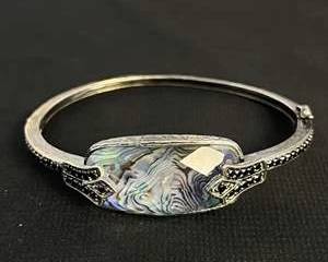 Sterling Silver  Maybe Abalone Shell  Bangle Bracelet with Intricate Detailing