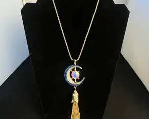 Kirks Folly Crescent Moon Pendant Necklace with Tassel and Iridescent Stone 35 in.