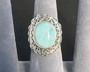Elegant Blue Maybe Larimar Stone and Sterling Silver Ring with Intricate Filigree Design