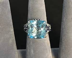 Sterling Silver Cushion Cut Blue Maybe Topaz and Sapphire Colored Accent Ring