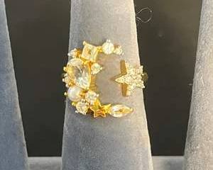 GoldTone Sterling Silver Crescent and Star Ring with Gemstone and Pearl Accents