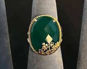 Irish Sterling GoldTone Silver Ring with Faceted Green Gemstone and Floral Detailing