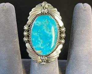 Sterling Silver Turquoise Colored Statement Ring with Floral Motif