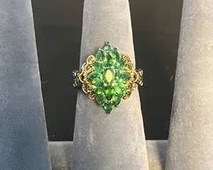 925 Silver and GoldTone Ring with Green Gemstones