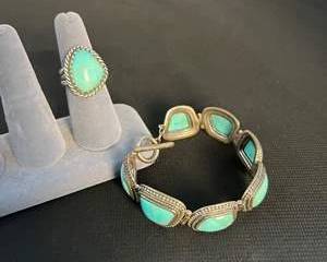 Barse Sterling Silver Ring and Bracelet Set, with TurquoiseColored Stones, from Thailand