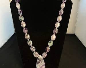Handcrafted  Maybe Amethyst and Fluorite  Beaded Necklace with Polished Teardrop Pendant 16 in Diameter