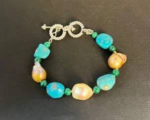 Sterling Silver Bracelet with Turquoise Colored Stones, Green Maybe Malachite Beads, and Golden Colored Pearls
