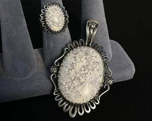 Sterling Silver White Maybe Howlite Colored Stone Pendant and Ring Set with Intricate Filigree Design