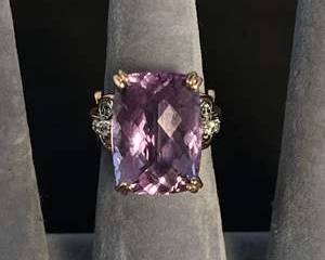 Sterling Silver Ring with Large CushionCut Amethyst Colored Stone and Gem Accents  