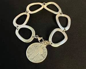 Silver Coin Charm Bracelet with Unique Sterling Silver Links