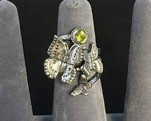 Sterling Silver Butterfly Ring with Green Maybe Peridot Colored Gemstone