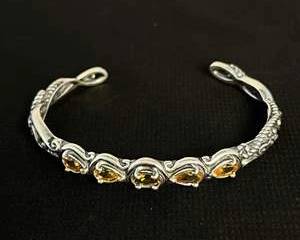 Sterling Silver Cuff Bracelet with Citrine Colored Gemstones and Intricate Dragon Scale Design