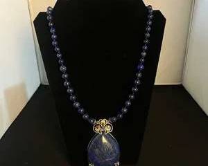 Blue Maybe Lapis Lazuli Colored and Sterling Silver Necklace with Ornate FleurdeLis Pendant