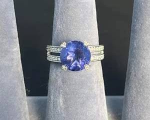 Judith Ripka Sterling Silver, CZ and Blue maybe Tanzanite Colored Ring with Double Band Design