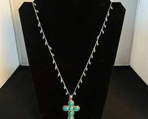 Handcrafted Sterling Silver Turquoise Colored Cross Necklace with Beaded Chain