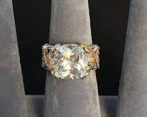 Sterling Silver Ring with Large CushionCut Gemstone and GoldTone Accents