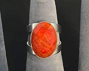 Sterling Silver 925 Ring with Faceted Oval Red Orange Stone