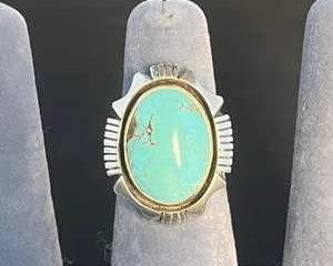 Sterling Silver and Turquoise Colored Vintage Ring Size 5.5 with Unique Geometric Design