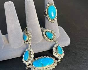 Sterling Silver Turquoise Colored Bracelet and Ring Set with Native American Design  