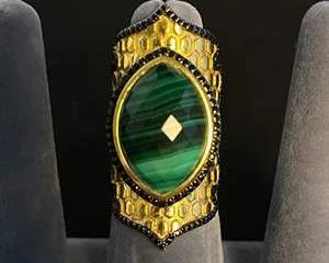 Sterling Silver Ring with Green Malachite and Gold Colored Honeycomb Design  