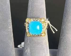 Gems en Vogue Sterling Silver and Palladium Alloy Ring with Blue Square Cabochon Colored Stone