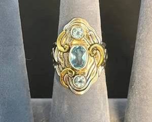 Sterling Silver and Bronze Ring with Blue Maybe Topaz Stones, Size 7 with Intricate Scrollwork
