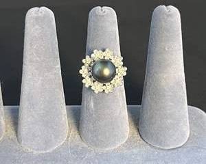 Black Pearl Ring with Clear Accent Stones in a Floral Halo, 14K White Gold