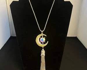 Kirks Folly Crescent Moon Pendant Necklace with Iridescent Orb and Tassel 35 in.