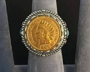 1906 Native American Head Coin Ring with Sterling Silver and Turquoise Colored Accents