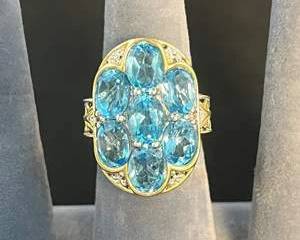 Sterling Silver 925 Blue Maybe Topaz Colored Statement Ring with Intricate GoldToned Detailing