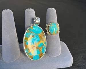 Sterling Silver Turquoise and Gold Colored Matrix Jewelry Set from Thailand  Ring and Pendant
