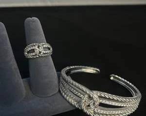 Judith Ripka Sterling Silver and CZ Knot Ring and Cuff Bracelet Set