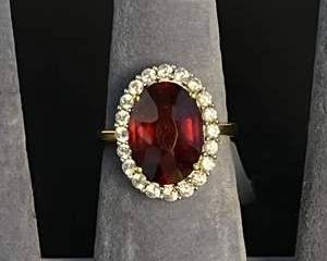 925 Sterling Silver GoldPlated Ring with Oval Red Gemstone and Gem Halo