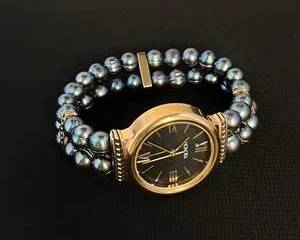 Honora Gold Tone Sainless Steel Watch with Double Strand Black Pearl Bracelet